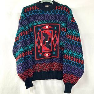 LIGHTNING BOLT Vintage 80s Black Multicolor Knit Aztec Geometric Sweater Men's L
